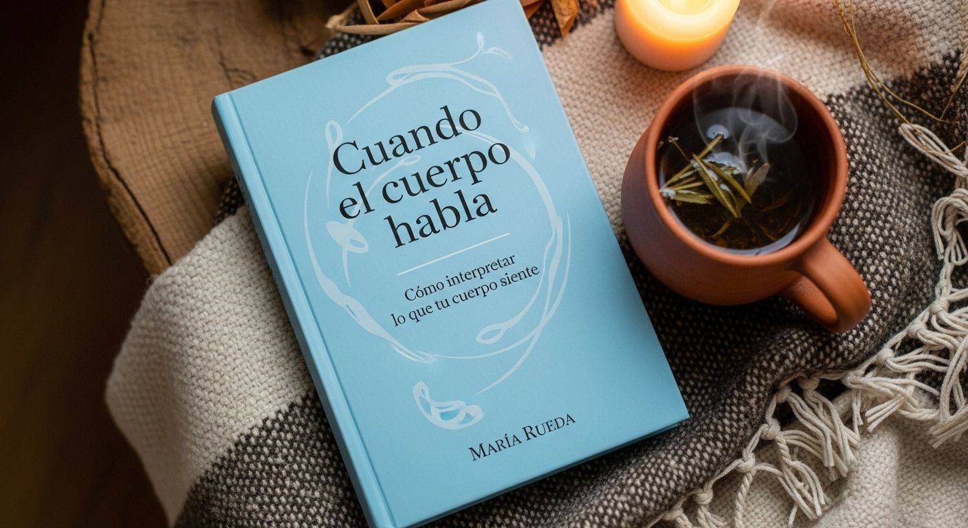 Libro “Cuando el cuerpo habla” de María Rueda sobre manta, taza de té humeante — Conócete Mejor, sanación emocional mente-cuerpo