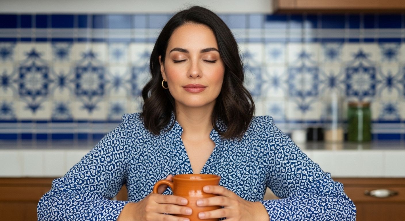Mujer en calma con taza de café — bienestar mente-cuerpo