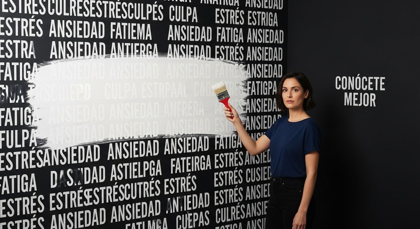 Sanación emocional: mujer cubre con pintura las palabras “fatiga”, “ansiedad”, “estrés”