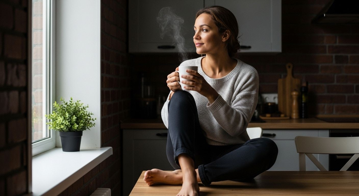 Momento de calma: mujer en la mesa de cocina, piernas cruzadas y café en mano, mirando la luz de la ventana